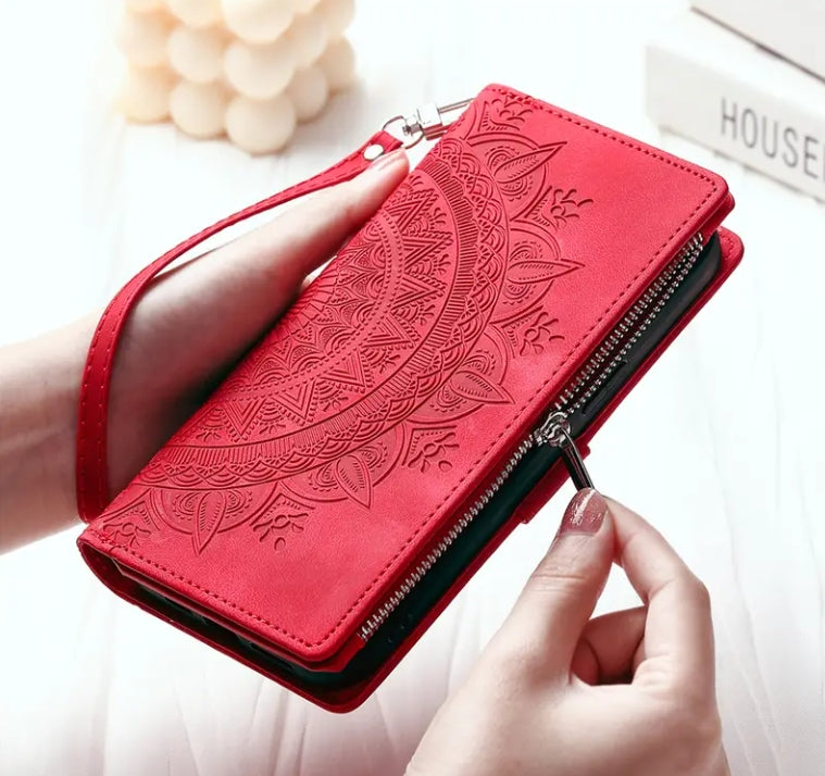 Long Lanyard Flap Faux Leather Phone Case - Zipper Wallet Card Holder Case