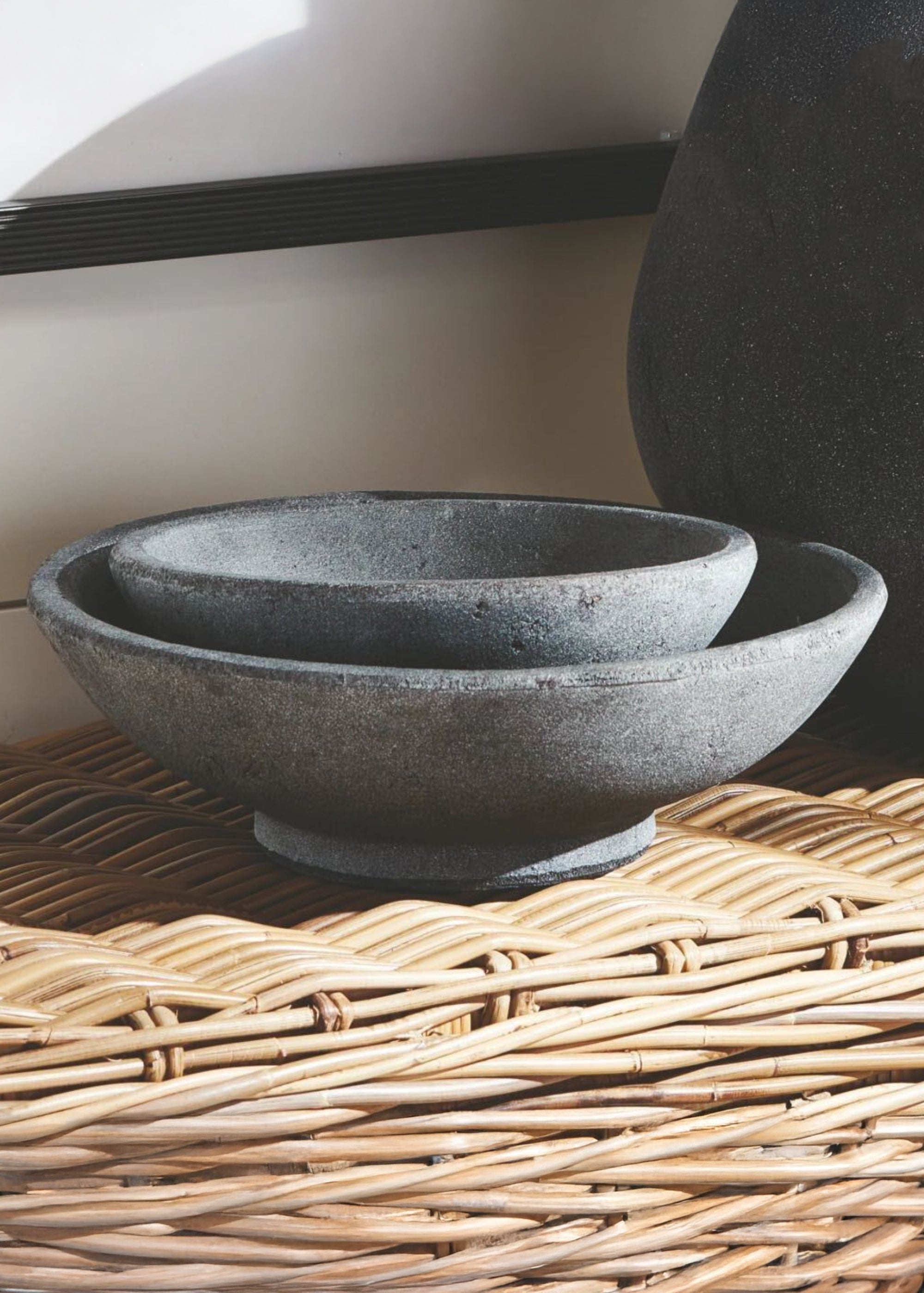 Set of 2 Handmade Terra Cotta Bowls in Black - 8.75-11.5" Wide