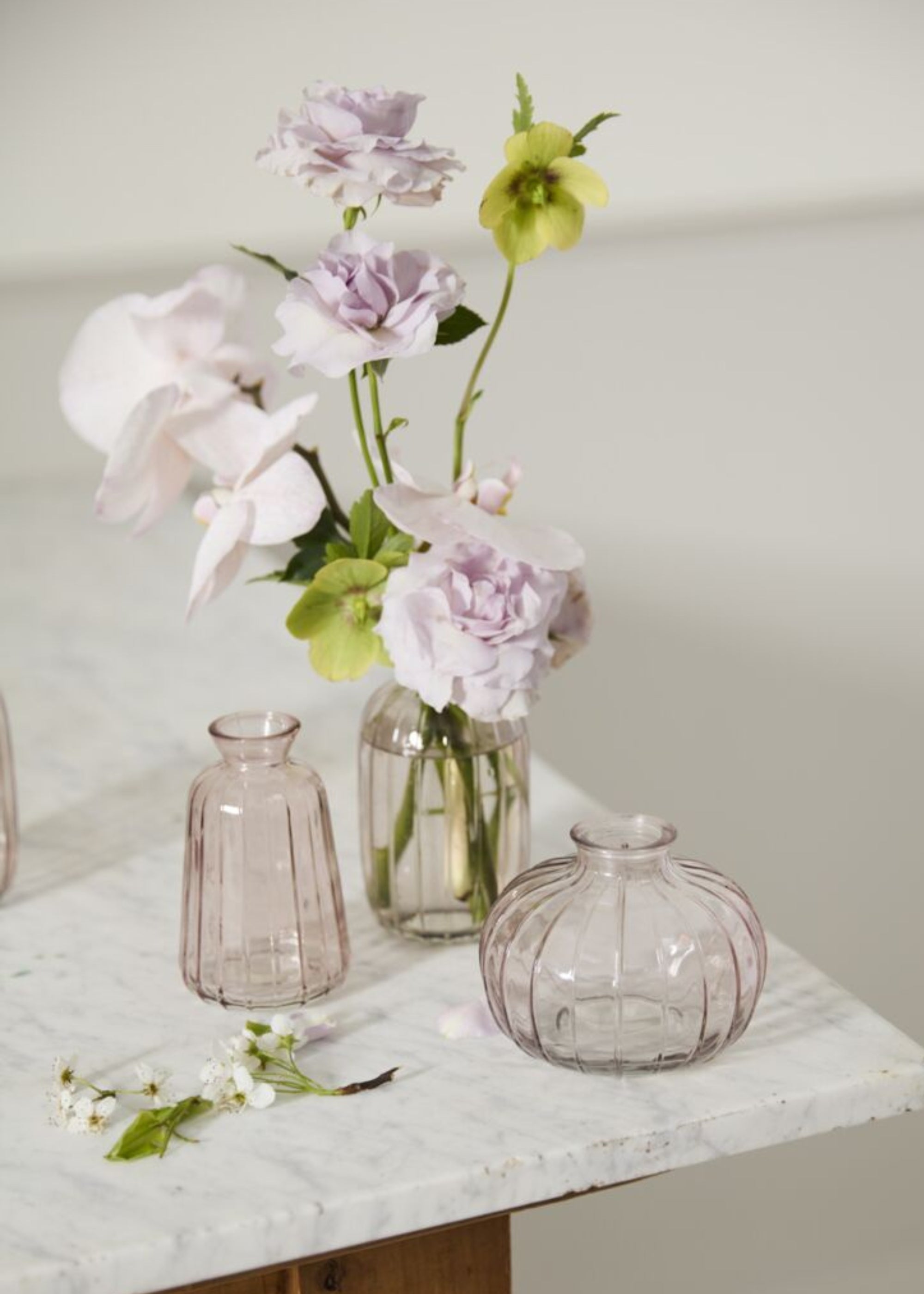Set of 3 Pale Pink Glass Bud Vases - 3.25-4.5"