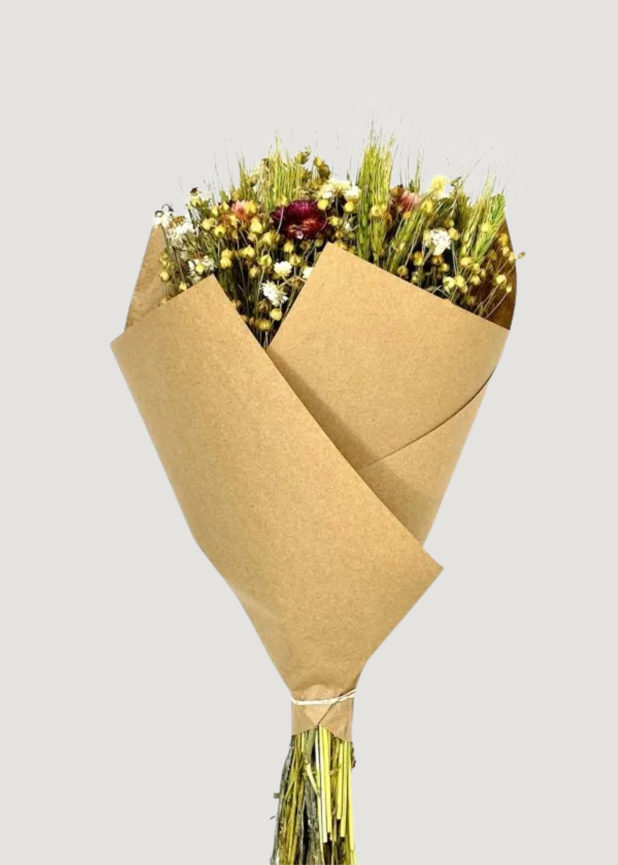 Mixed Dried Flower Bouquet of Flax and Fuchsia Strawflowers - 18"