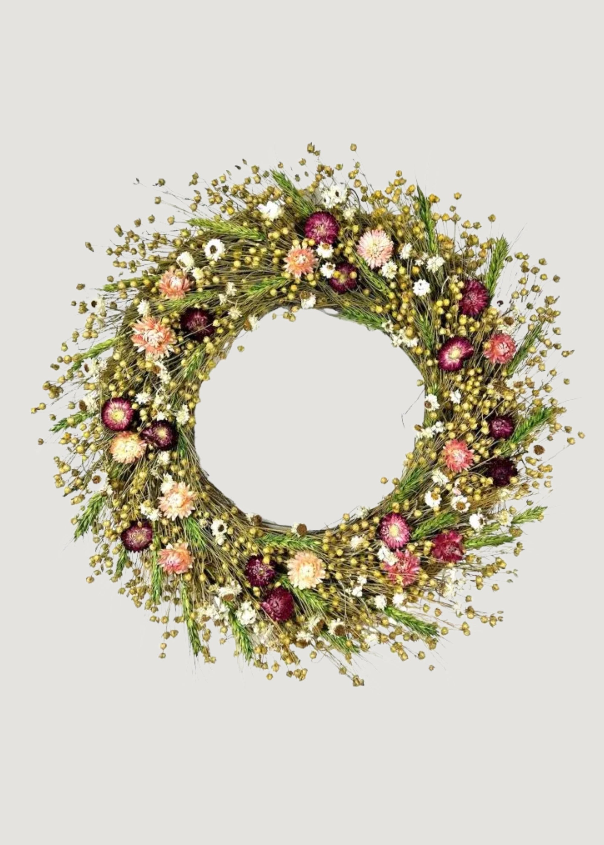 Flax and Pink Strawflower Mixed Dried Flower Wreath - 22"